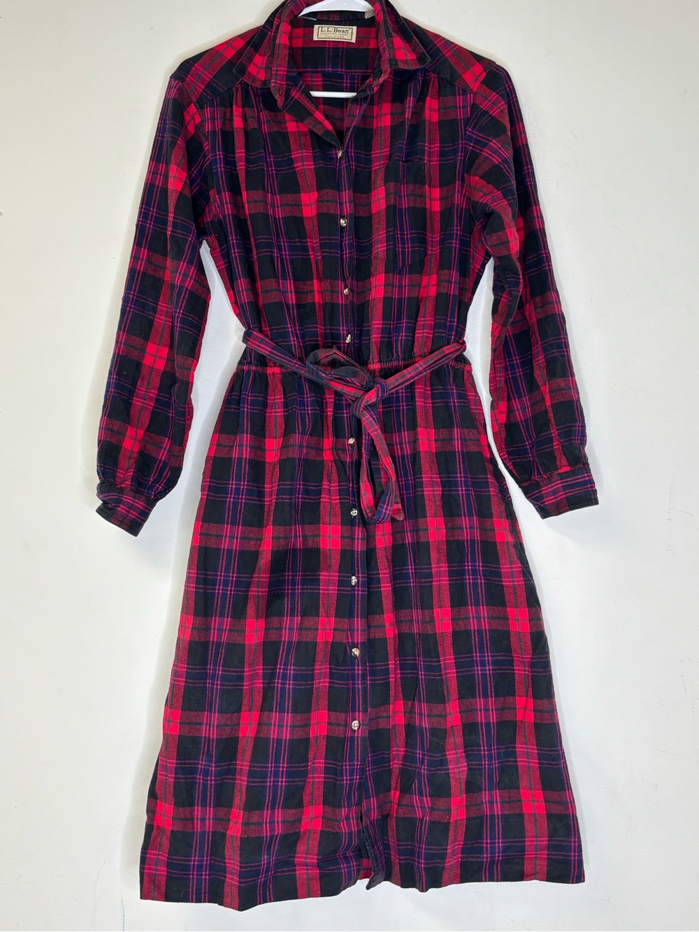 Vintage LL Bean Plaid Flannel Shirt Dress Belted Made USA Size 12